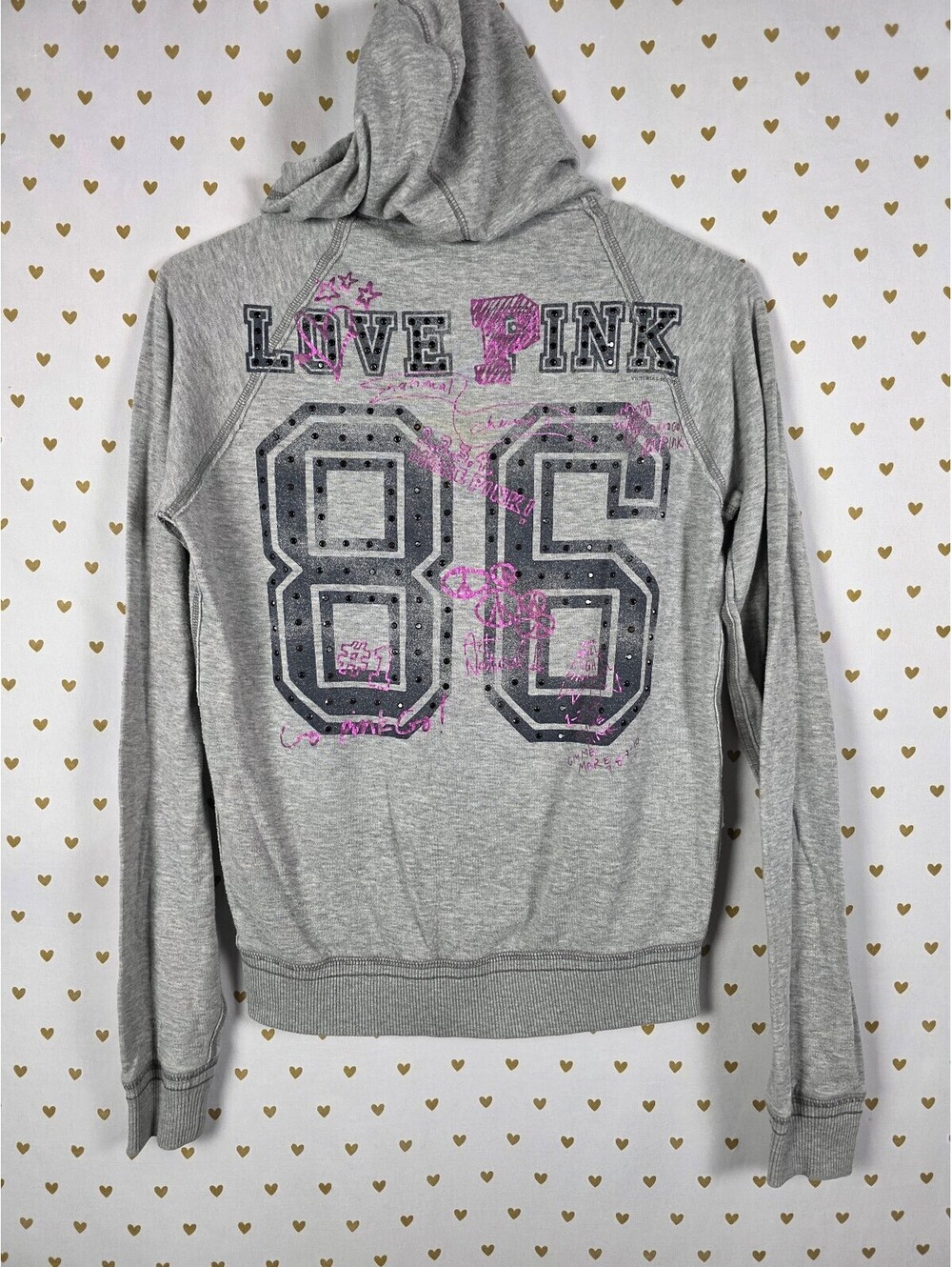 Victorias Secret Pink LOVE Full Zip vintage Y2k Grey Hoodie Jacket Medium Rock
